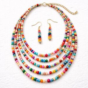 MultiColor Multi-String Beads Necklace With Matching Earrings
